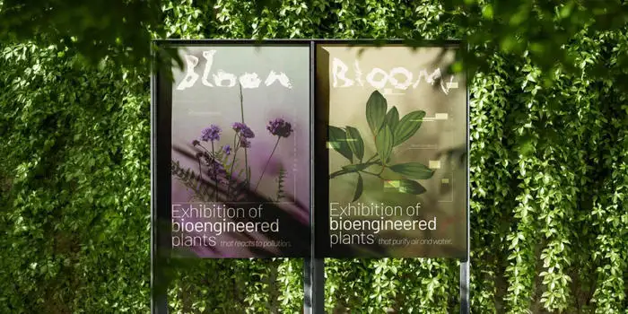 Two informational signs about plants are displayed in a lush green garden setting.