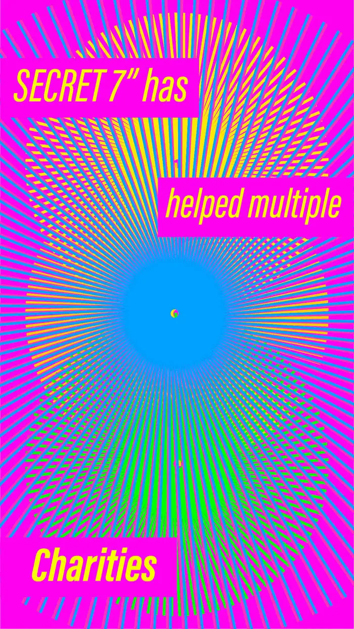 Bright psychedelic spiral background with the words "Secret has helped multiple charities" in yellow and pink text boxes.