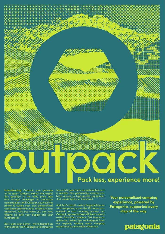 Poster with a large hexagonal logo, the word "outpack" in bold, and text blocks below on a green and yellow background.