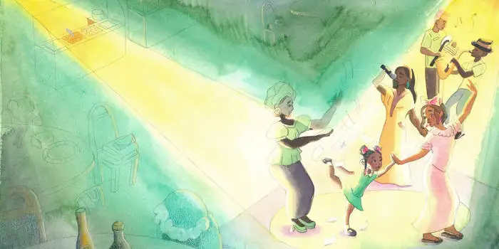 Four people joyfully dance together in a sunlit area, surrounded by colourful, abstract backgrounds.