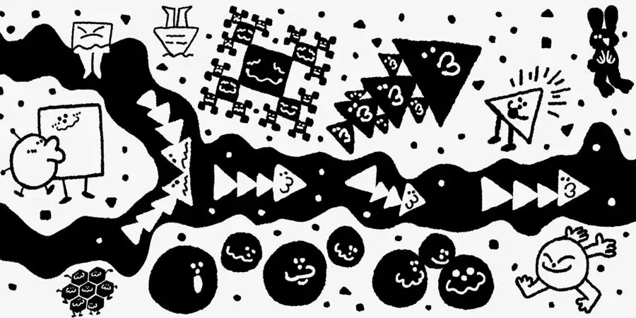 Abstract black and white illustration with geometric shapes, cartoon-like creatures, and various symbols scattered throughout.