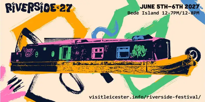 Colourful event poster for "River Ride 27" with a stylised boombox, event date June 8th-9th, 2023, and contact information.
