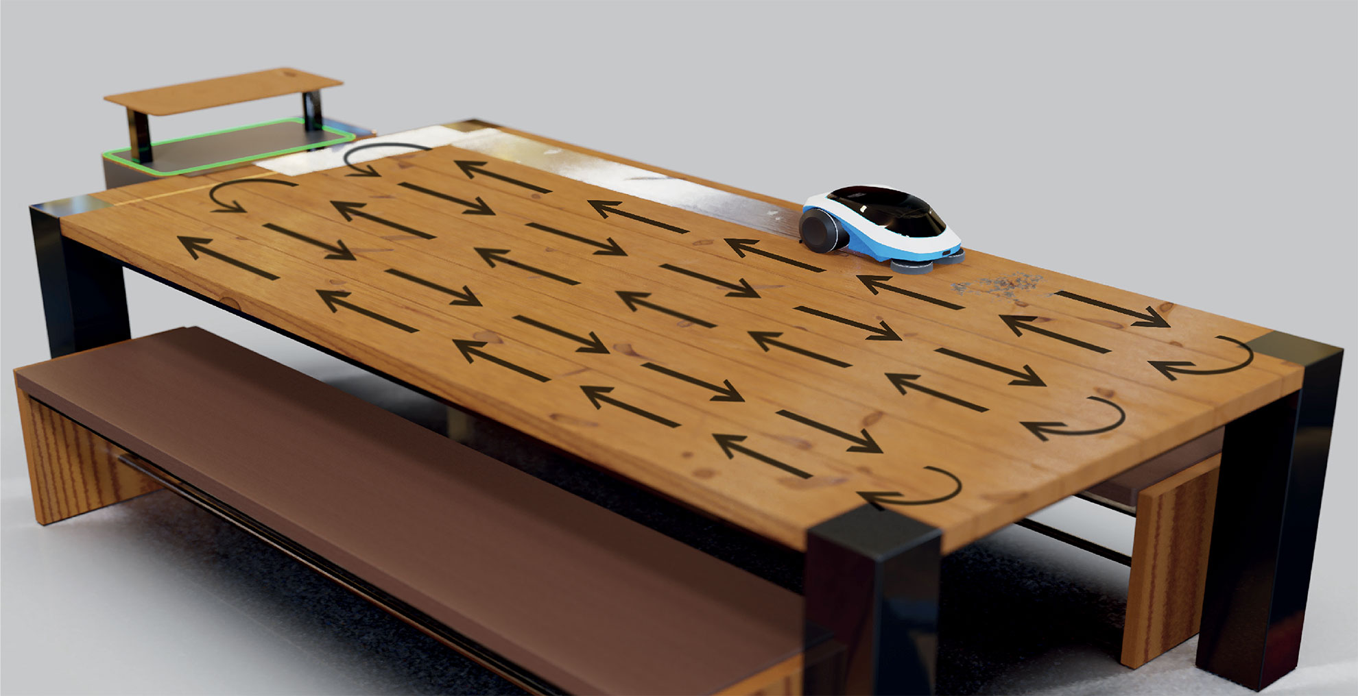 TableBot on a wooden tabletop with arrows showing its predicted path