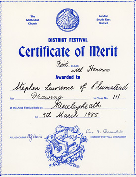 The Methodist Church London South East District Festival Certificate of Merit for Drawing