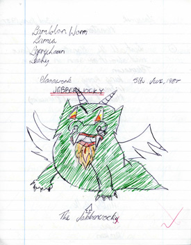 A page from Stephen’s homework book, showing a drawing of the Jabberwock.