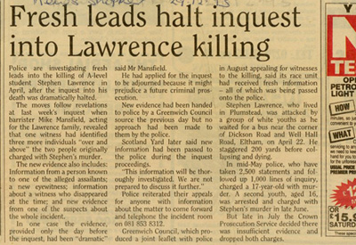 Press cutting from the collection of Doreen Lawrence, referring to the adjournment of the inquest.