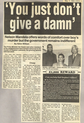 Newspaper article featuring the meeting between the Lawrence family and Nelson Mandela.
