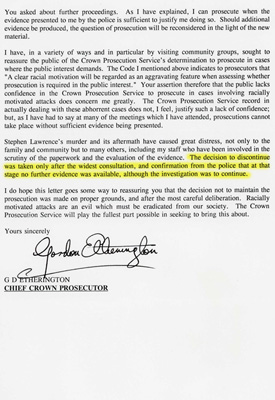 Extract from a letter to members of the public from G D Etherington, Chief Crown Prosecutor.