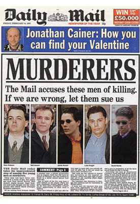Daily Mail front page, February 1997. Headline states Murderers followed by pictures of the suspects