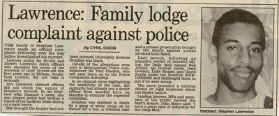 Press cutting kept by Doreen Lawrence.
