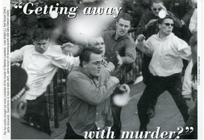 Stephen Lawrence Family Campaign flyer featuring photograph of the suspects fighting as they leave the inquest.