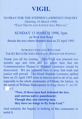 Flyer for a prayer vigil held by the Stephen Lawrence Family Campaign to mark the start of the inquiry.