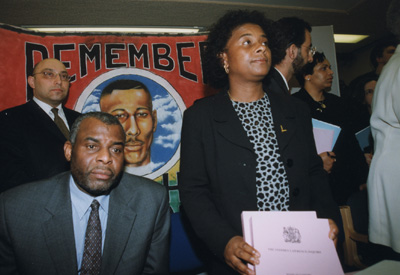 Doreen and Neville Lawrence at a press conference held on the publication of the Macpherson Report.