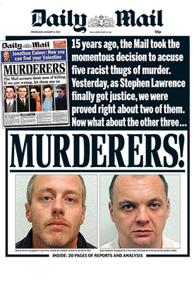 Front page of the Daily Mail after the conviction of Dobson and Norris