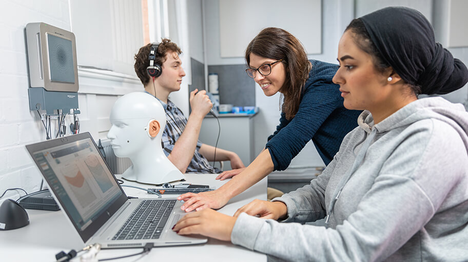 Students are able to practise their diagnostic hearing test skills in one of our bespoke laboratories equipped with the specialist equipment used in industry.